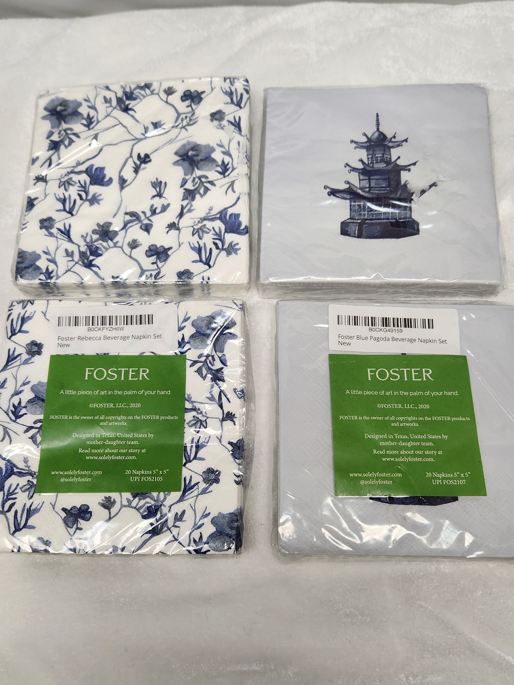 Foster Blue Floral & Pagoda Beverage Napkin Set - Foster - Blue/White
